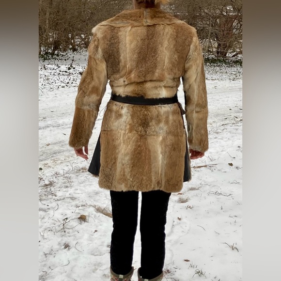 Montgomery Ward vintage 1976 brown Rabbit and black leather fur coat Penny Lane - Picture 3 of 12